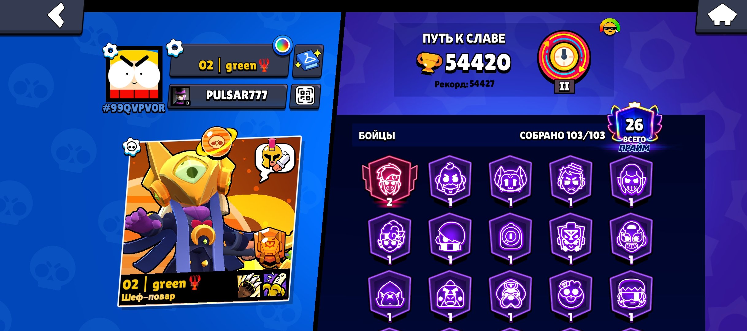 cool account 2019 rare skins, trophies 54420, brawlers 103, primes 26