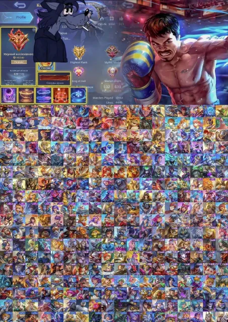 💚Manny Pacquiao💚Legend(6),Collector(6),Dawning(2),Magician(2),Ducatti Benedetta,KungFu(2)NeoBlast Fred💚, Sale, Rank: Mythical, Level: 114, Win Rate: 51%, Heroes: 133, Skins: 652