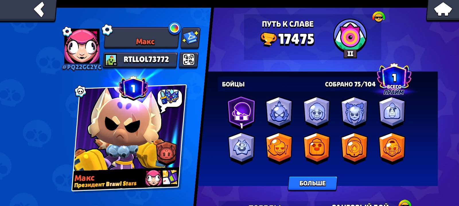 BS Account / Medium /, trophies 17475, brawlers 75, primes 1