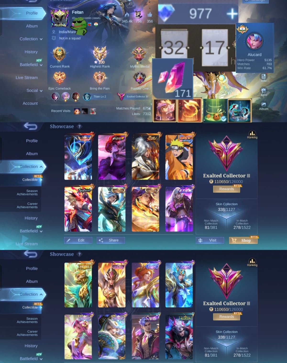 💎 1,000✨ 171 Magic Core 👑 Guson Lgnd ⚔️ Ling Neo 🌙 Ling ,Arlord Coll 🥋 Chou KOF ☠️ Aamon Soulvesel, Sale, Rank: Mythical Immortal, Level: 74, Winrate: 68%, Heroes: 133, Skins: 338