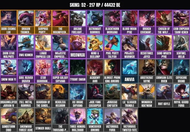 52 skins 💠 156 champions 💠 44.4K BE💠Magnificent Twisted Fate💠Big Surprise Fiddlesticks💠Dragon, Sale, level 230, champions 156, skins 52, No rank