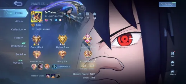 💚Hunter Harith💚Naruto Julian-Suyou-Lucas,Prime Granger-Claude💚, Sale, Rank: Mythic, Level: 74, Winrate: 58%, Heroes: 133, Skins: 316