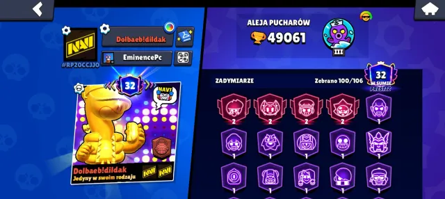 🩸50k a lot of skins and donations 🩸, 50000 trophies, 106 brawlers, 32 primes