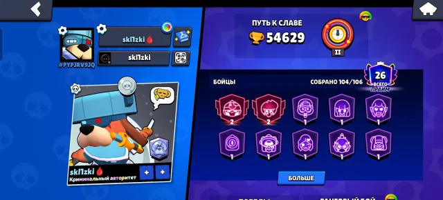🏆 54600🏆 🌆 ACCOUNT 2019 YEAR🌆 🌄 OLD BP SKINS🌄 💎 250 GEMS💎 👤 31-11LVL👤, 54600 trophies, 104 brawlers, 26 primes