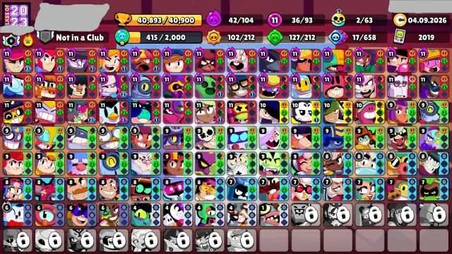 🤍40k🤍93/106🤍36 11 POWER🤍42 HYPER🤍203 SKINS🤍4 TITLES🤍2 BUFFS🤍, 40000 trophies, 93 brawlers