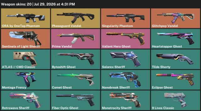 EU / ORA by OneTap Phantom / Phaseguard Vandal / Sentinels of Light Sheriff, Sale, Ranked unlocked, Agents: 27, Skins: 20