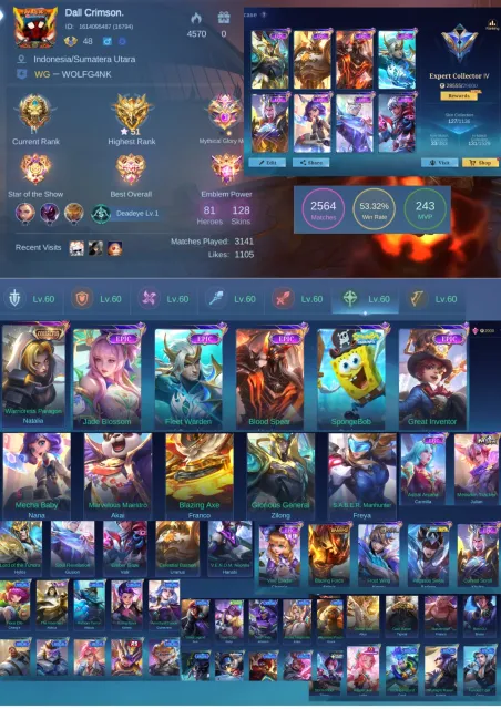 [SEA/GLOBAL] Ex-Glory 51⭐| 128 Скинов | Dragon Tamer Kimmy & Moskov, Full Emblem MAX, Продажа, Ранг: Легенда, Уровень: 48, Процент побед: 53%, Герои: 81, Облики: 128