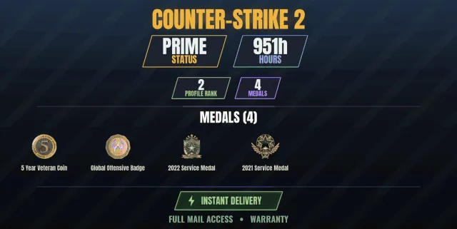 【CS2 Prime💎951h🎯4 medals】 Service Medal 2021, Service Medal 2022, 5-Year Veteran Coin, Sale, Inventory empty, Has PRIME