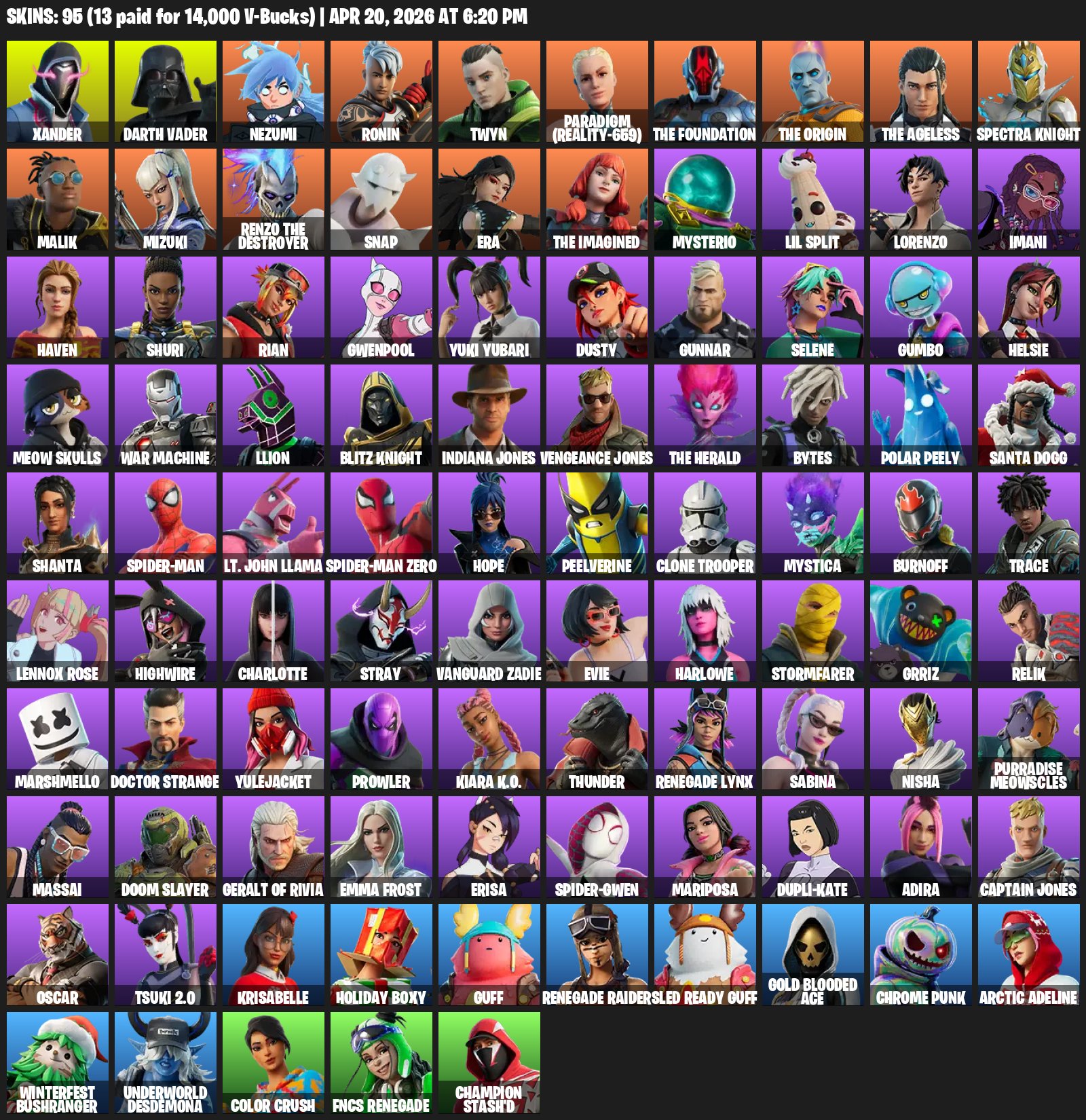 🦭🍪Darth Vader Spider-Man Zero Marshmello Xander Mysterio LLion Dupli-Kate Santa Dogg 🦭🍪 DATA CHANGE, Sale, skins 95