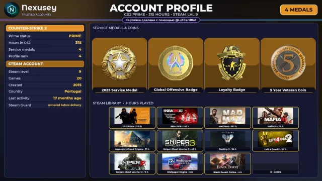 🚀 ⟦ CS2 PRIME ⟧ +4 RARE MEDALS: SERVICE 2025 · GO ✦ 2015 · +12 GAMES ✦ FULL ACCESS ✨ #47Y1DK, Sale, Inventory empty, PRIME available