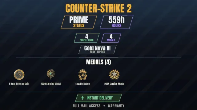 【CS2 Prime🎯559ч👑4 медалей】 Медаль за службу 2017, Медаль за службу 2020,Значок верности,Монета, Продажа, С инвентарем, Есть PRIME