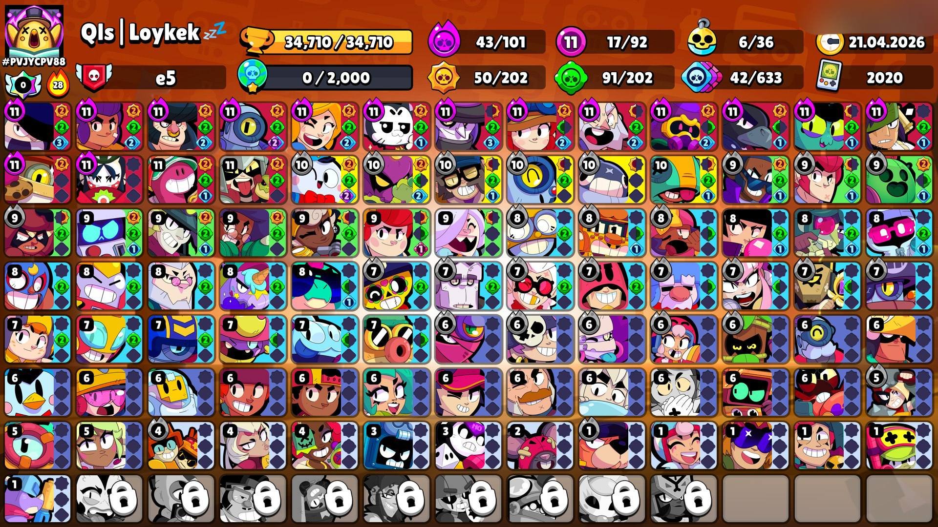 💢AUTO DELIVERY💢ACC 2020😈COLT MECHA💢66GEMS🧨5GYP SKINS🎯13K GOLD🩸LOTS OF SKINS📛17 11STRENGTH❤, trophies 34710, brawlers 92, primes 6