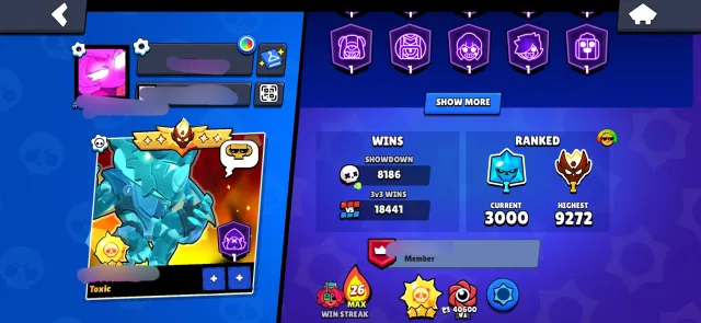 5X OLD MASTER, MYTHIC POWER LEAGUE, RARE PINS AND SKINS, 77000 кубков, 105 бравлеров