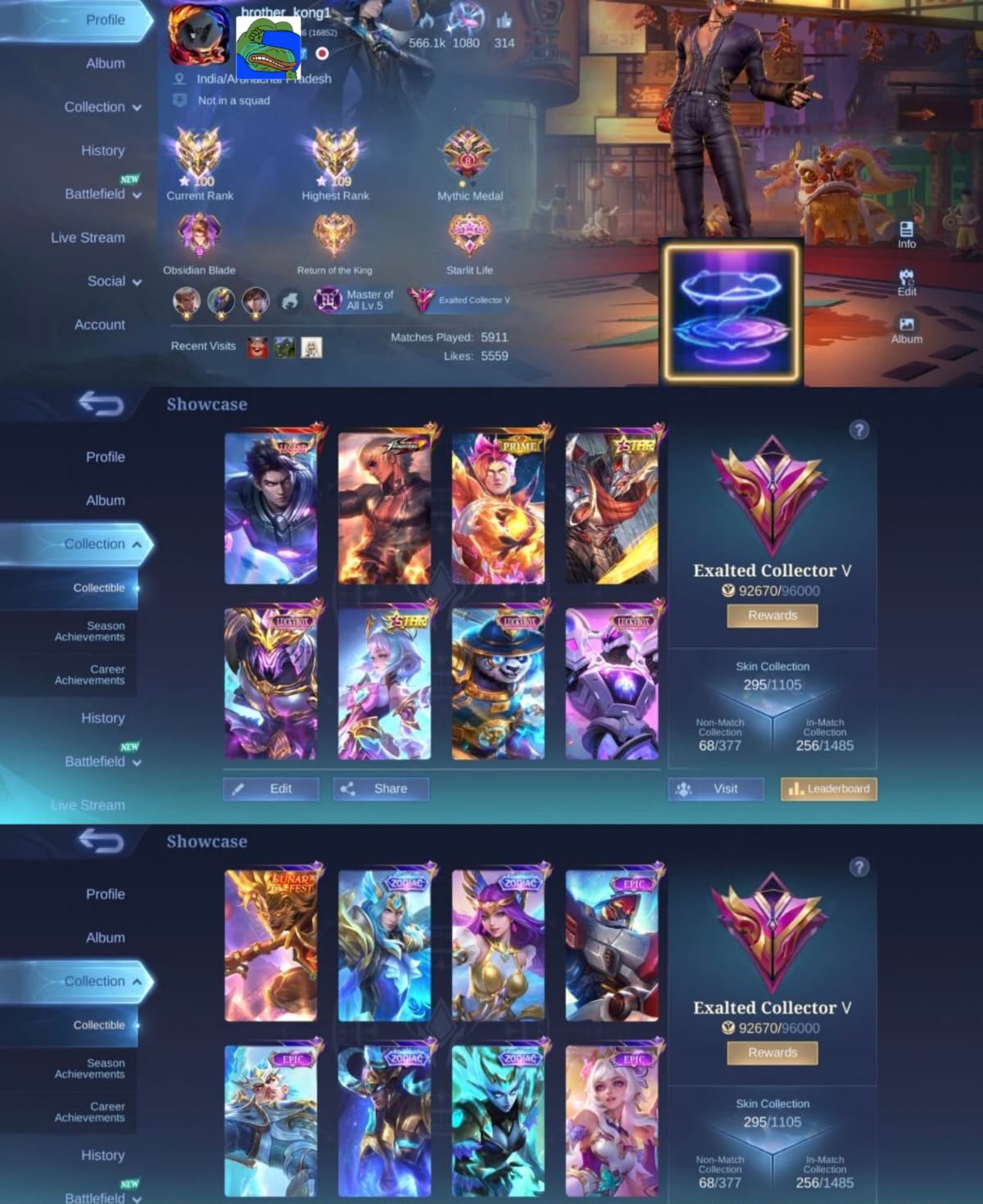 🏆 Guru 5 Account 👑 Alucard Legend 🥊 Gusion KOF 👑 Claude Prime ⚔️ Saber Onimaru 💙 Blue Epic Recall, Sale, Rank: Mythical Immortal, Level: 68, Winrate: 55%, Heroes: 120, Skins: 295