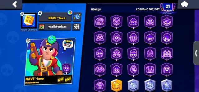 Playing since 2023, has normal skins, 49100 trophies, 107 brawlers, 21 primes