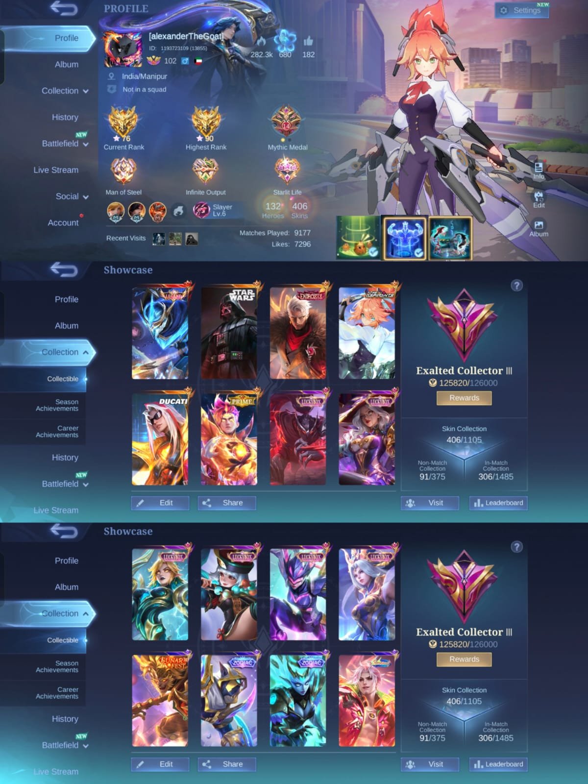 ✅🆔 Fanny Aspir. | Argus Dark Vader | Lega Gosen | and others, Sale, Rank: Epic, Level: 102, Winrate: 55%, Heroes: 132, Skins: 406