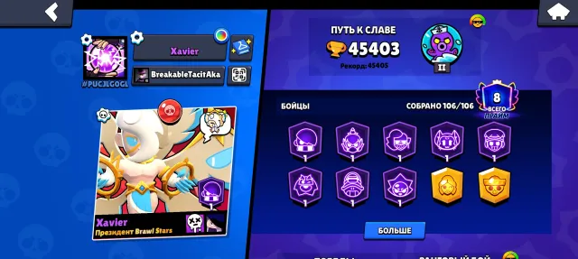 Account from 2020. Has many skins and all fighters at the moment., 45403 trophies, 106 brawlers, 8 primes