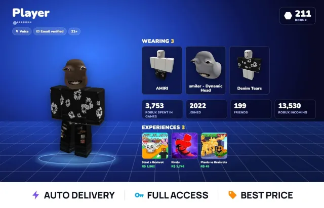 🧱 spent 3,753 R$ 🧱 211 Robux 🧱 since 2022 🧱 voice chat 🧱 age 21+ 🧱 Steal a Brainrot + Rivals, Sale, Voice chat: Yes
