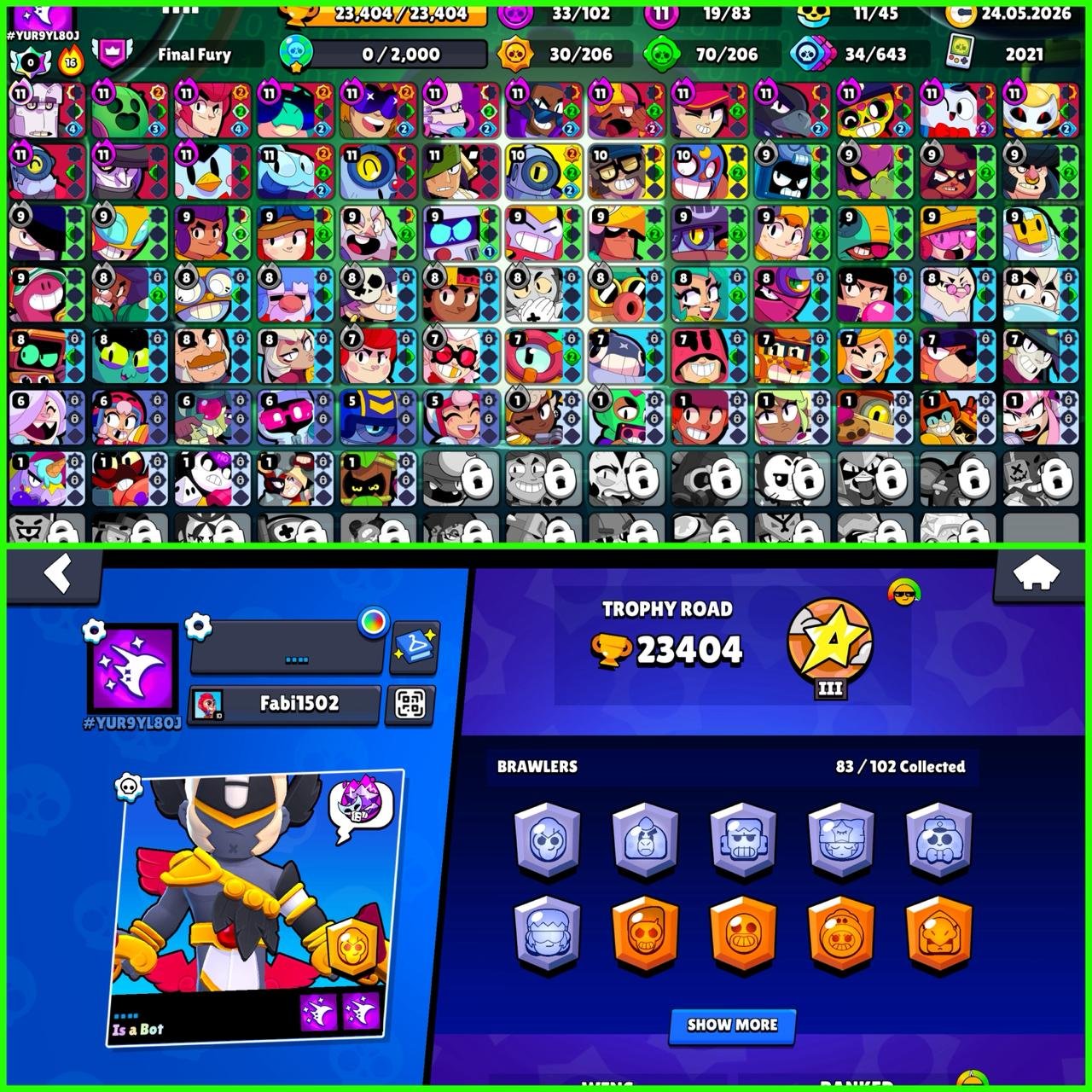 Brawl Stars + Clash Royale Combo ► 24K Trophies ► 83 Brawlers Unlocked ► 19× Max Level 11, trophies 24000, brawlers 83