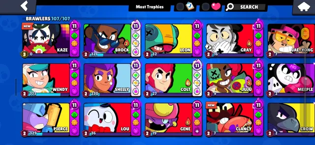 Brawl Stars account, 97891 trophies, 105 brawlers, 75 primes
