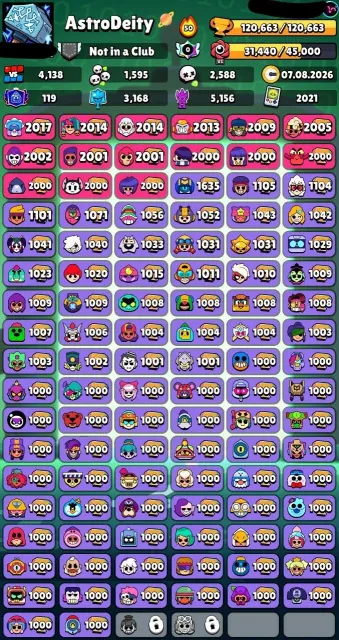 🎅📌120,600🏆🌟👤49 GIPER38 11 STRENGTH🪙280 SKINS ~26K GEMS🎎106 TITLES🏆💮28 BUFFS❇️🔰〔15 2nd PRIMES〕🔰, trophies 120600, brawlers 104, primes 119