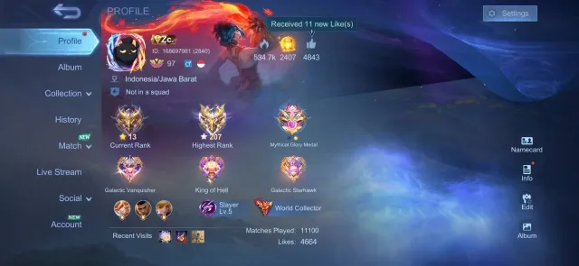 🤍World🤍5 Globals🤍Legends(7) Call(12) Hero Lance, Star Wars Argus, JJK Full, AOT Full, Exo Granger🤍, Sale, Rank: Mythical, Level: 127, Win Rate: 56%, Heroes: 133, Skins: 681
