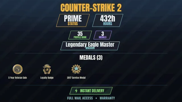 CS2 Prime🎮432h💠3 medals Medal for Service 2017, Loyalty Badge, 5-Year Veteran Coin, Sale, Inventory Empty, Has PRIME