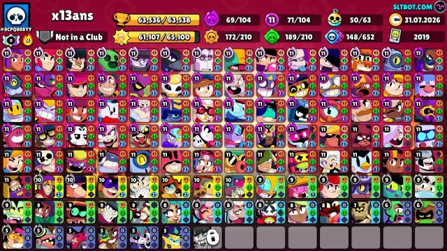 71 ELEVEN POWERS / LOT OF BP+ AND PRO PASS WITH CROW / 31 PRIME / A LOT OF SKINS, trophies 63000, brawlers 104, primes 31