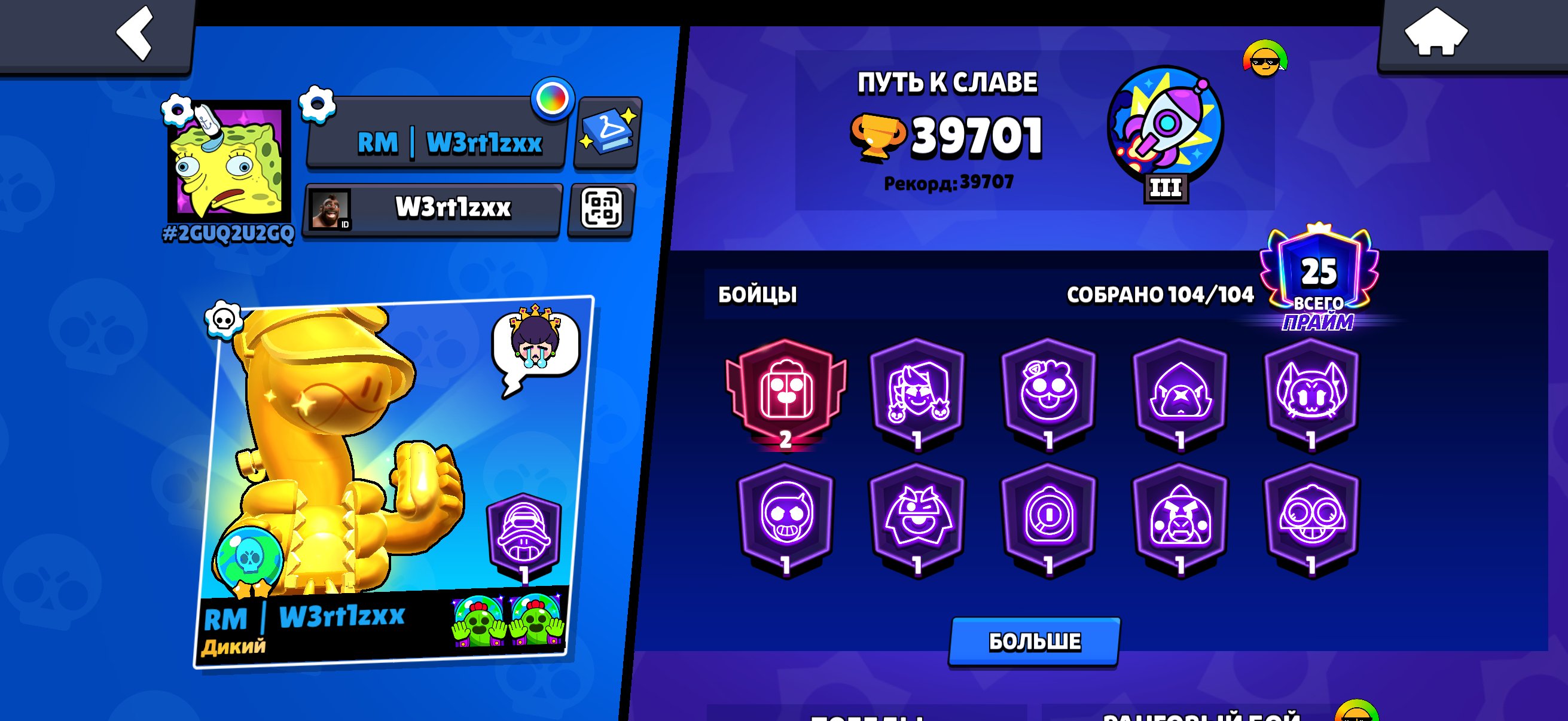 A good account with all the fighters, lots of expensive skins, 8 years of play., trophies 39700, brawlers 104, primes 25