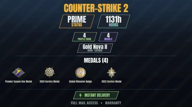 CS2 Prime👑1100h✨4 medals Medal for Service 2023, Medal for Service 2024, Premier Medal, season, Sale, With inventory, Has PRIME