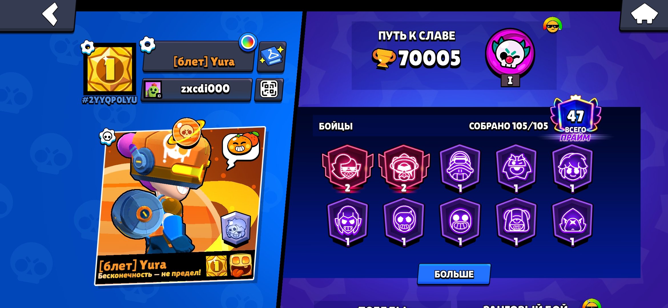 🔥AK 2019, MANY SKINS AND FIGHTERS🔥AT THE MOST, trophies 70000, brawlers 105, primes 47