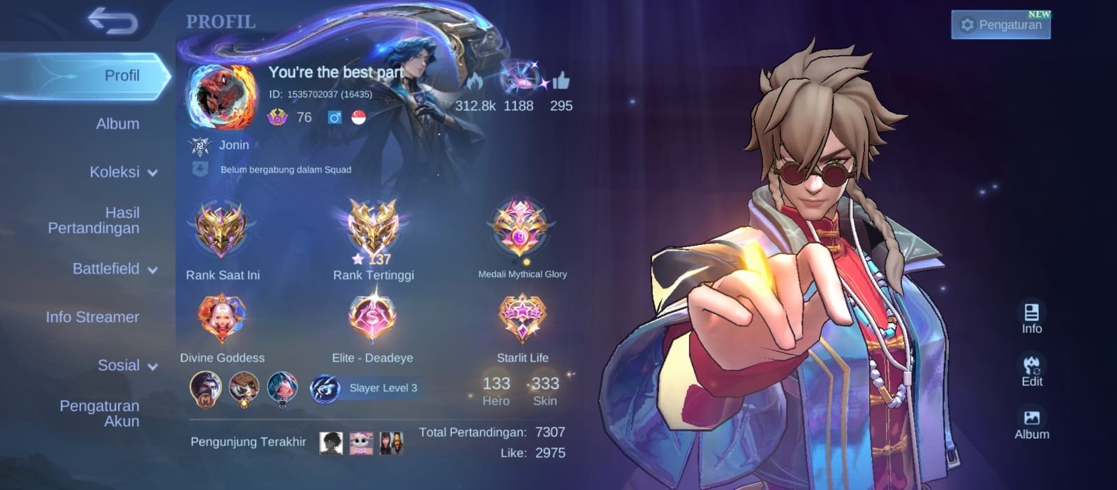 🔥Account under Forest/Adk🔥Sue-Sasuke, Ling-Neobist, Gossen-Kof, Haya-Exo, Harith-Hunter, Nathan🔥, Sale, Rank: Mythical Immortal, Level: 73, Winrate: 55%, Heroes: 133, Skins: 333