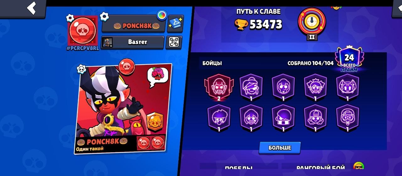53473 CUPS | 104 FIGHTERS | 27 11 FORCES | 7 LEG SKINS | 21 MYTHICAL SKINS | 101 EPIC SKINS, trophies 53000, brawlers 104, primes 24
