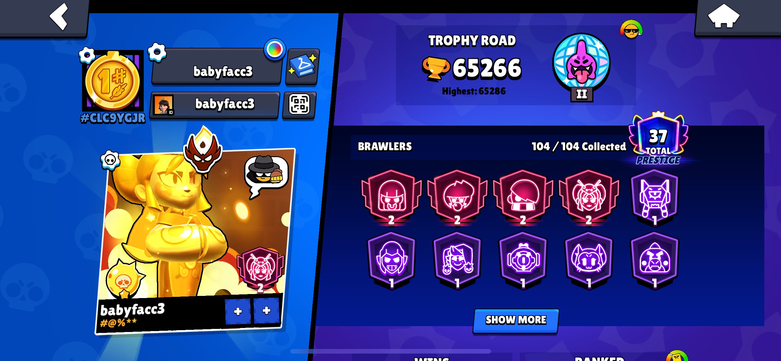 👀60K👀MASTER👀104/104👀VERY COOL ACCOUNT, trophies 65266, brawlers 104, primes 37
