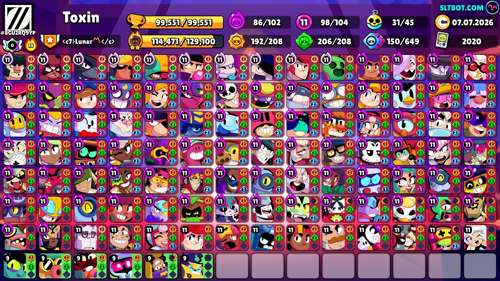 98 11 forces, 400+ skins, 175 gems, pin "HIHI-HIHA", trophies 99561, brawlers 104