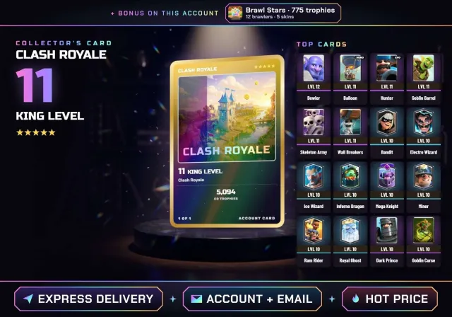 👑 ANDROID • IOS ✧ CR KING 11 ✧ Balloon, Hunter ✧ + BS 775 CUPS ✧ FULL ACCESS + EMAIL, Arena 15, Level 11, 5094 cups, 101 cards, No
