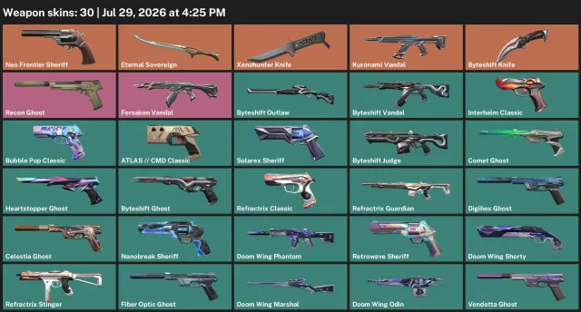 EU / 30 SKINS / Xenohunter Knife / Neo Frontier Sheriff / Kuronami Vandal, Sale, Ranked unlocked, Agents: 27, Skins: 30