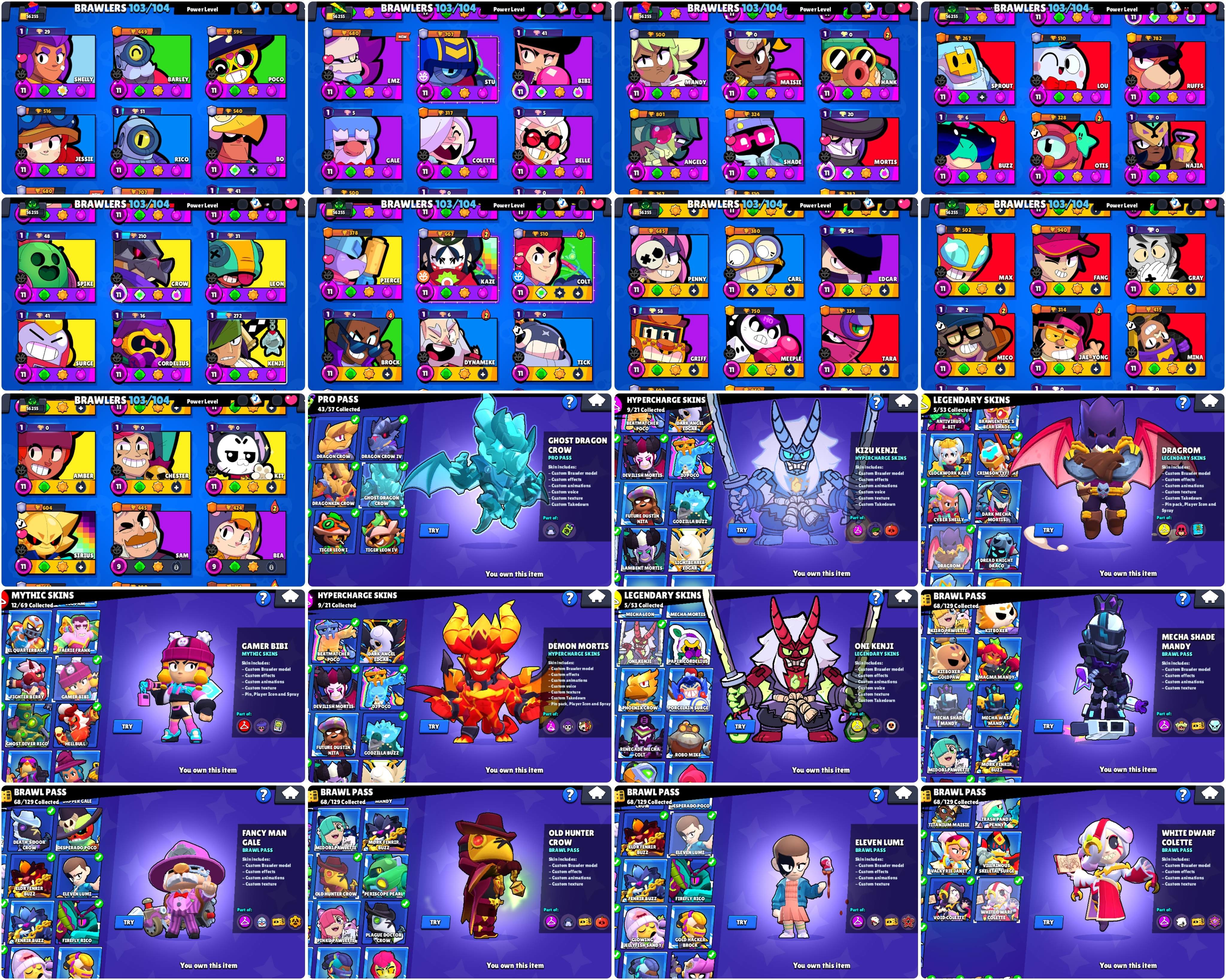 56k🏆52 MAX POWER | PRO PASS CROW | KIZU KENJI | ONI KENJI | DEMON MORTIS +GAMER BIBI, trophies 56200, brawlers 103, primes 26