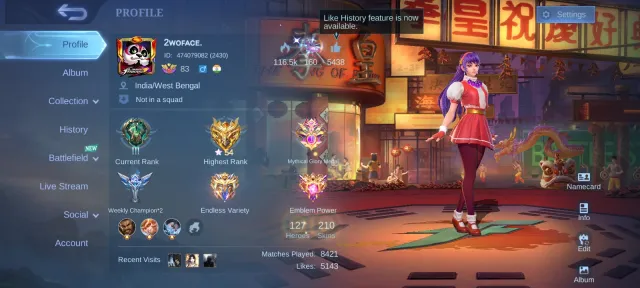 KOF Guinevere, Transformers, Sponge Bob, Max Emblems, Global 🔥, Sale, Rank: Mythical Glory, Level: 113, Win Rate: 49%, Heroes: 127, Skins: 210