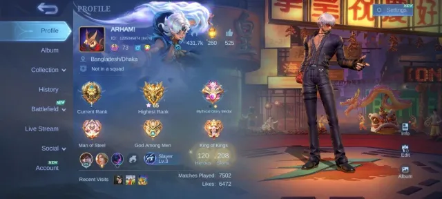 KOF GUSION>JJK Julian>Prime Claude>LUCKY Moskov>38 Deluxe>Epic Harley Roger FREYA>MC 83 draw, Sale, Rank: Epic, Level: 90, Win rate: 57%, Heroes: 125, Skins: 215