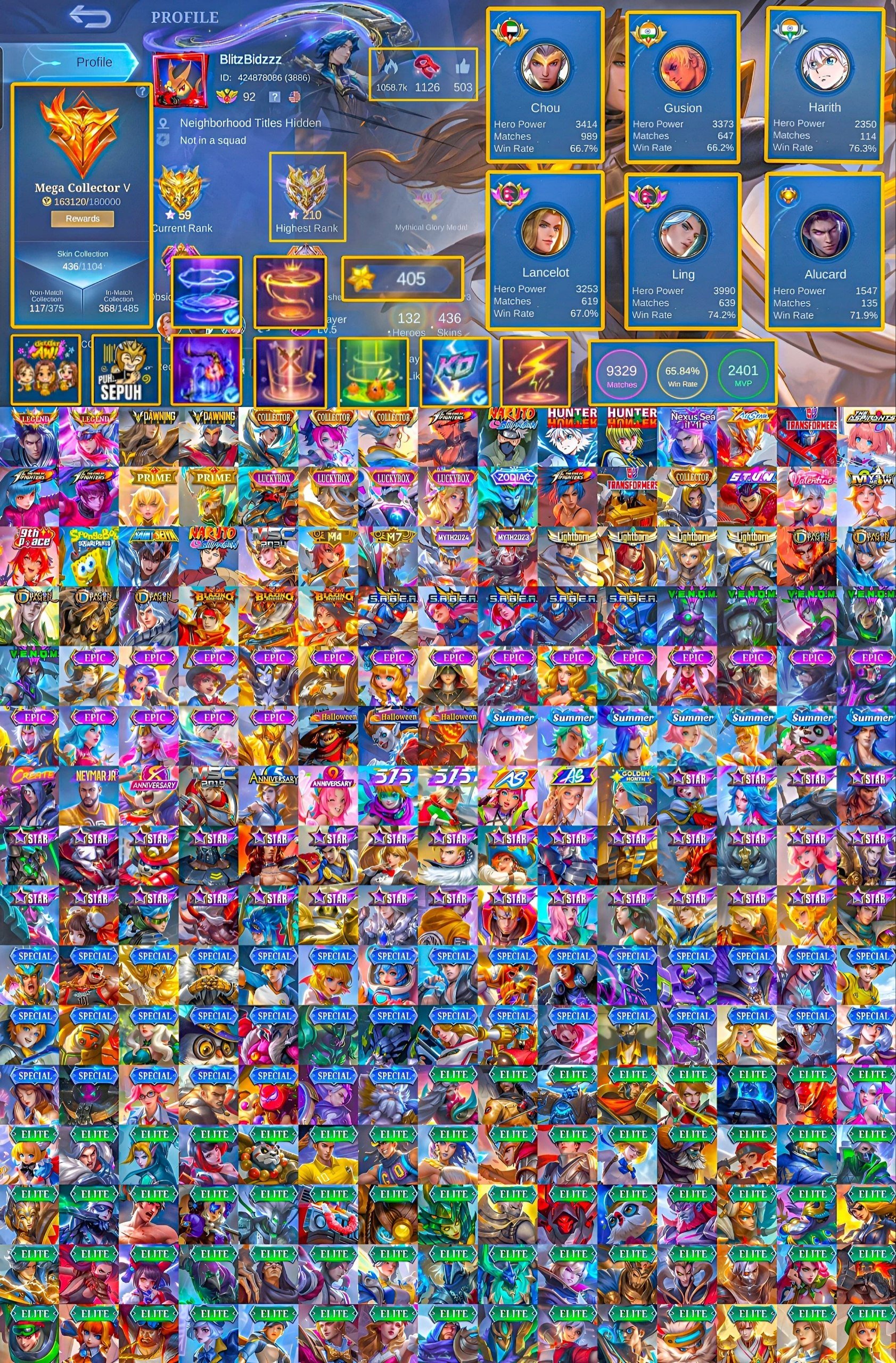 🔥 MEGA COLLECTOR, Legendary Freya, Dawning Lancelot, Collector Ling Nathan Melissa, Kof Gusion, Sale, Rank: Mythical Immortal, Level: 92, Winrate: 65%, Heroes: 132, Skins: 436
