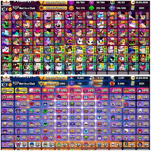 🔱2X 3 PRIME🏵️5X OLD LEGA🌠METEOR 2🧈GOLDEN PIPER🧨REBELLIOUS LOLA⛔-GEMS👔427 SKINS🏆122.0k⚔️59-11LVL👤106/107, 122035 trophies, 106 brawlers, 110 primes
