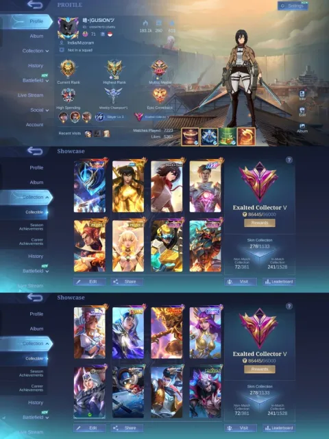 👑 Gusion Legend ♎ Chou Golden Libra ⚔️ Fanny AOT 🎭 Gusion 11.11 👑 Beatrix Prime, Sale, Rank: Mythic, Level: 71, Winrate: 55%, Heroes: 133, Skins: 278