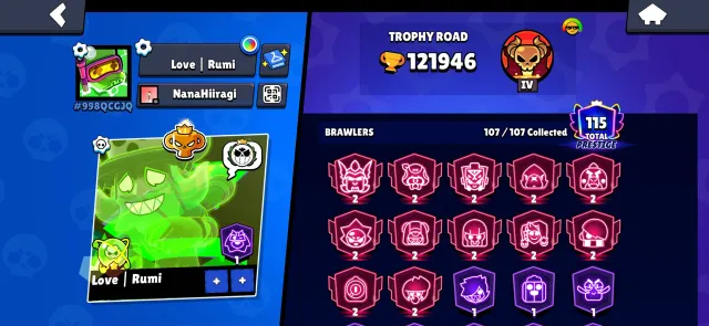🏆 120 thousand | 👑 PROFESSIONAL RANKING | 💯 Maximum progress | 👚 over 700 skins, 121946 trophies, 107 brawlers, 115 primes