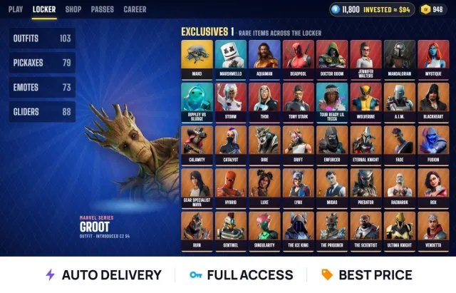 (PC/PSN/Android/iOS) 🪂 103 skins 🪂 Level 948 🪂 Groot + Marshmallow + Aquaman + Deadpool + Doctor Doom, Sale, 103 skins