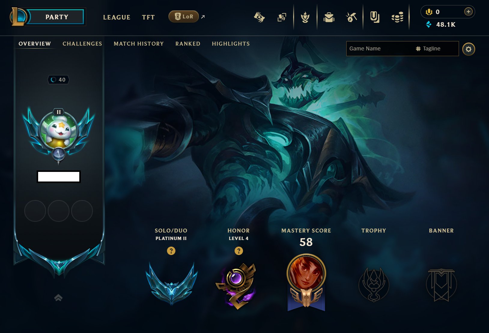 🕗 INSTANT DELIVERY 🕗 🔵 PLATINUM 2 🔵 🔷 48K Blue Essence 🔷 🟣 Honor 4 🟣 ⚔️ 43 Champions ⚔️, Sale, level 40, champions 43, skins 1, Platinum