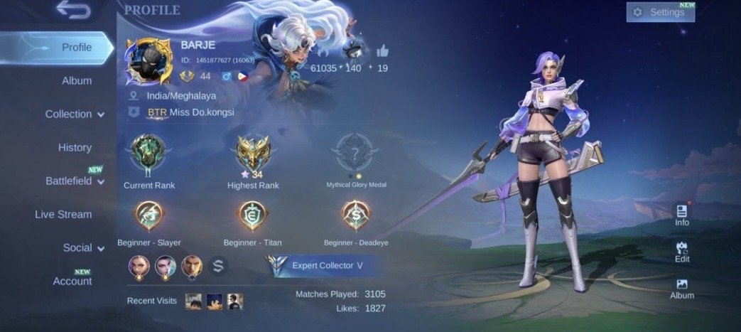 collector Natalia 17 deluxe Gaara Vale pegasus Badang Epic🌈(khuafra⭐Rafaela⭐carmila)>3 emblem max, Sale, Rank: Mythic, Level: 44, Winrate: 47%, Heroes: 87, Skins: 115
