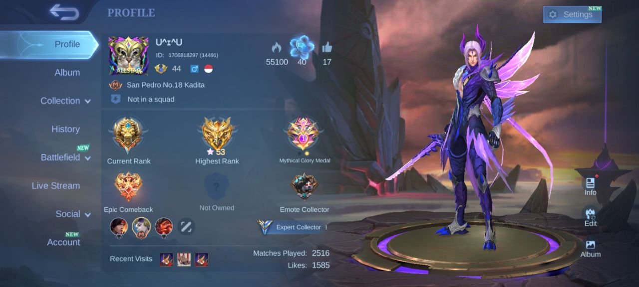 Prime Granger KOF Karina collector Balmond deluxe 19 EPIC Bane valir YSS emblem Max, Sale, Rank: Mythic, Level: 44, Winrate: 55%, Heroes: 73, Skins: 154