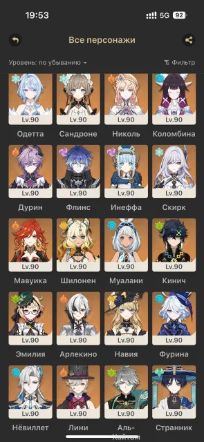New characters available: Odette and Sandrone. Many characters are leveled up, Any platform, Email linked, Lumine, Leveled up, AR 60, Primogems 133