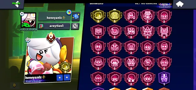 2 3 primes and 1 master in league, 57660 trophies, 82 brawlers, 52 primes